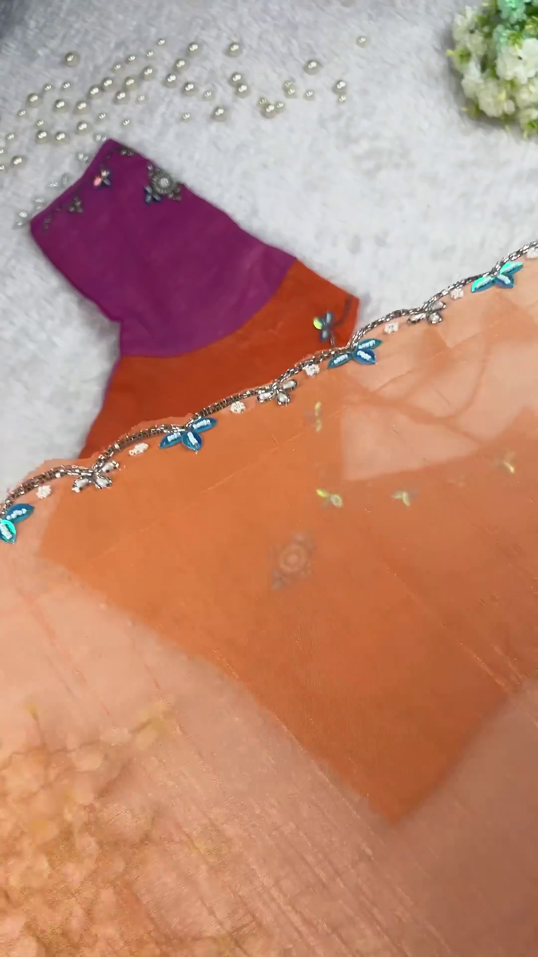 Radiant Sunset Coral Designer Blouse with Ombre Saree Set - Image 3