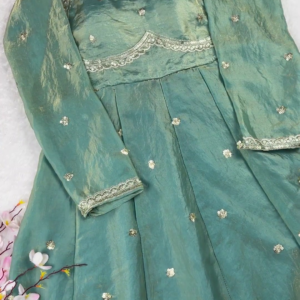 Iridescent Sea-Foam Scalloped Anarkali Gown
