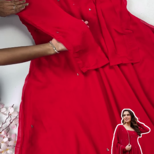 Classic Crimson Georgette Anarkali with Golden Vine Accents