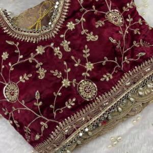 Ornate Wine Velvet Blouse with Intricate Golden Embroidery