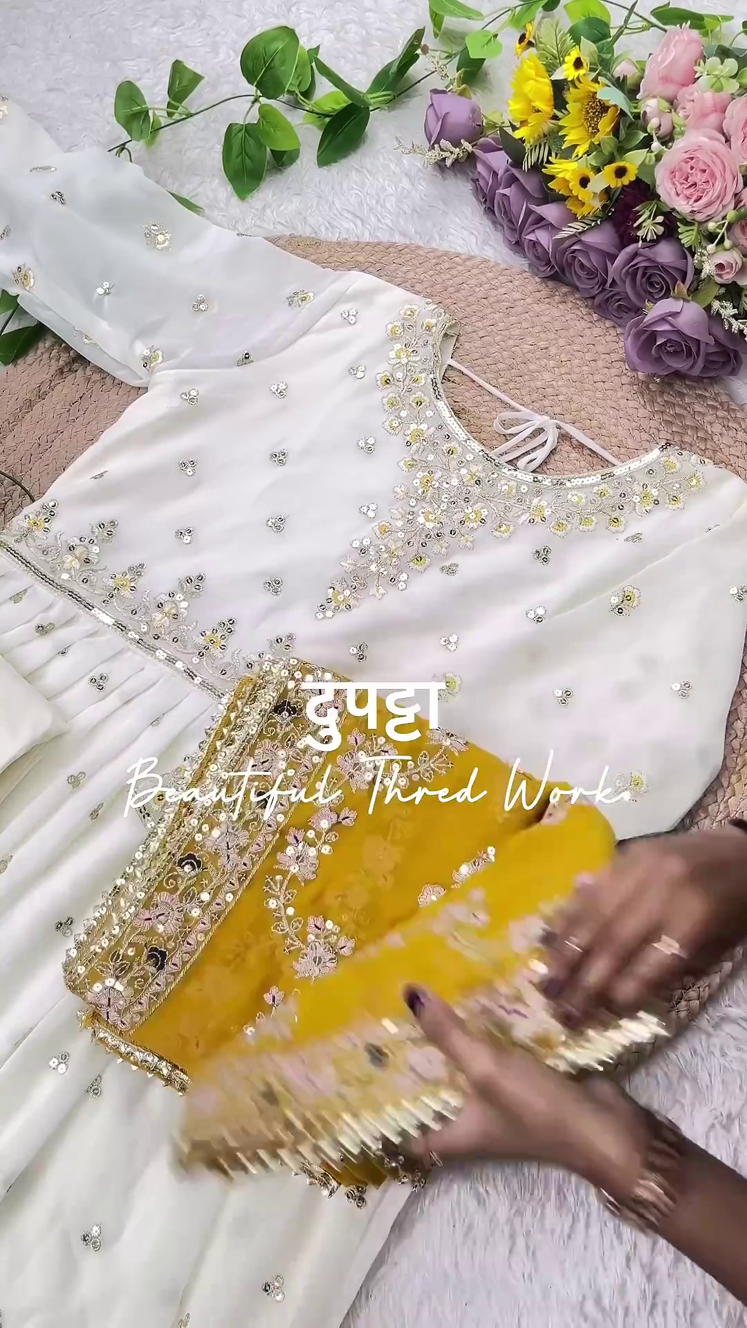 Ethereal White Anarkali with Mustard Floral Highlights - Image 7
