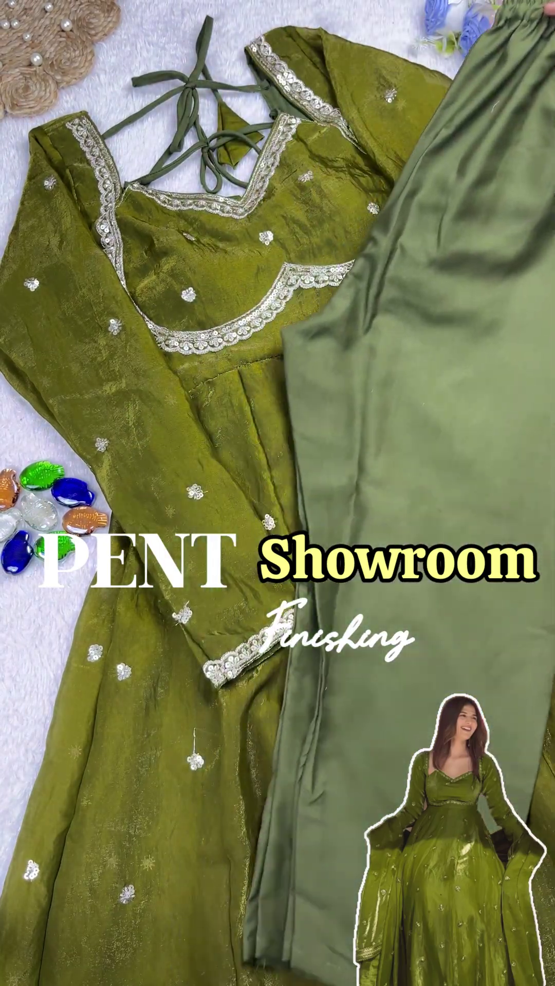 Regal Olive Green Scalloped Anarkali Gown - Image 2
