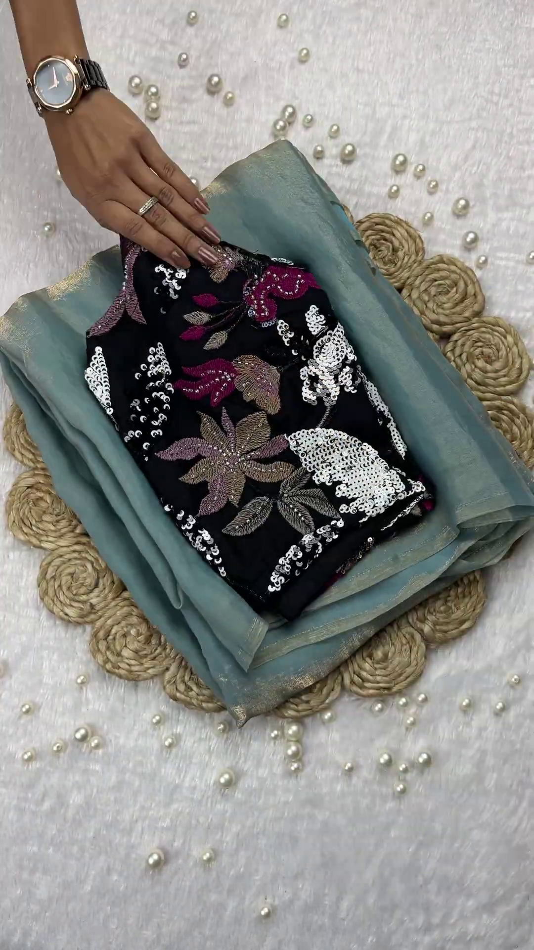 Midnight Black Floral Sequin-Embellished Blouse