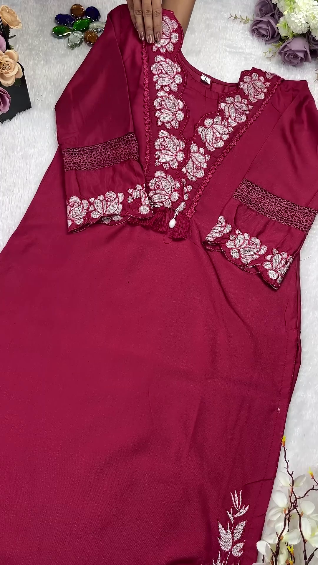 Royal Maroon Kurti with Rose Motif Embroidery