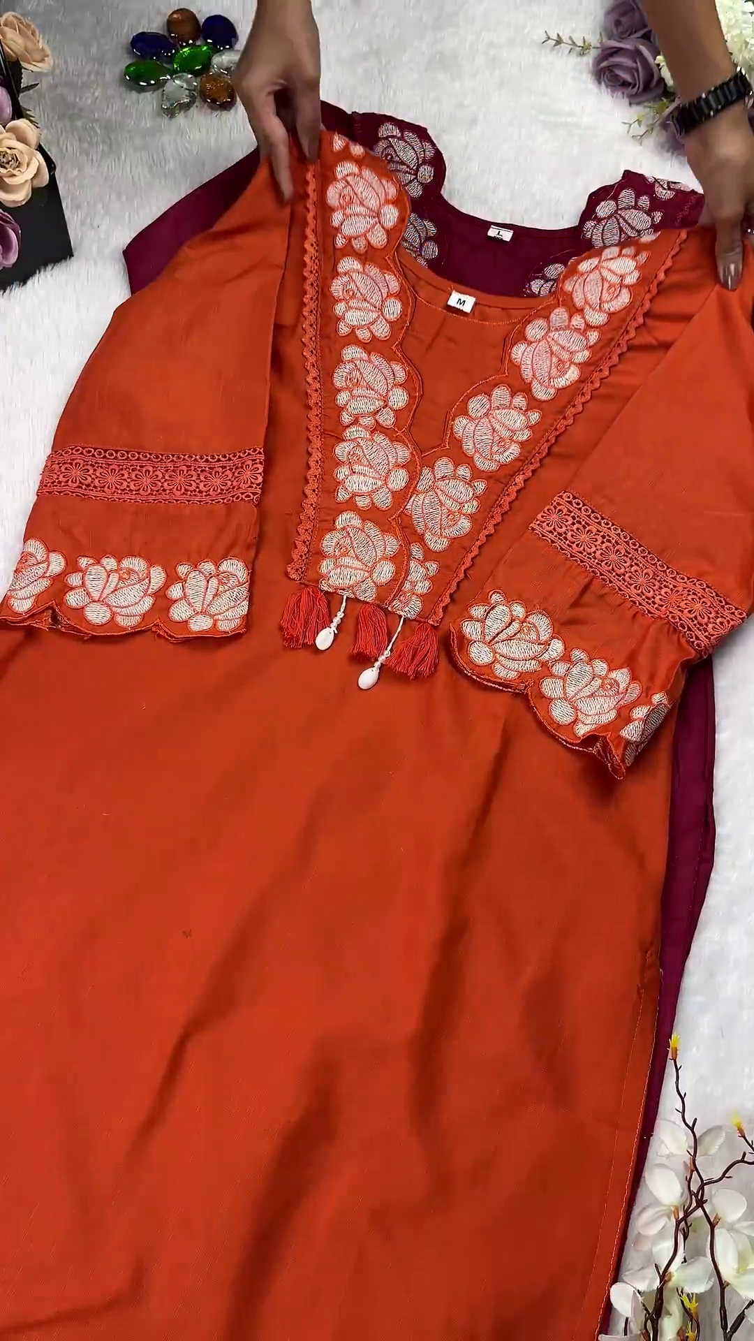 Royal Maroon Kurti with Rose Motif Embroidery - Image 4