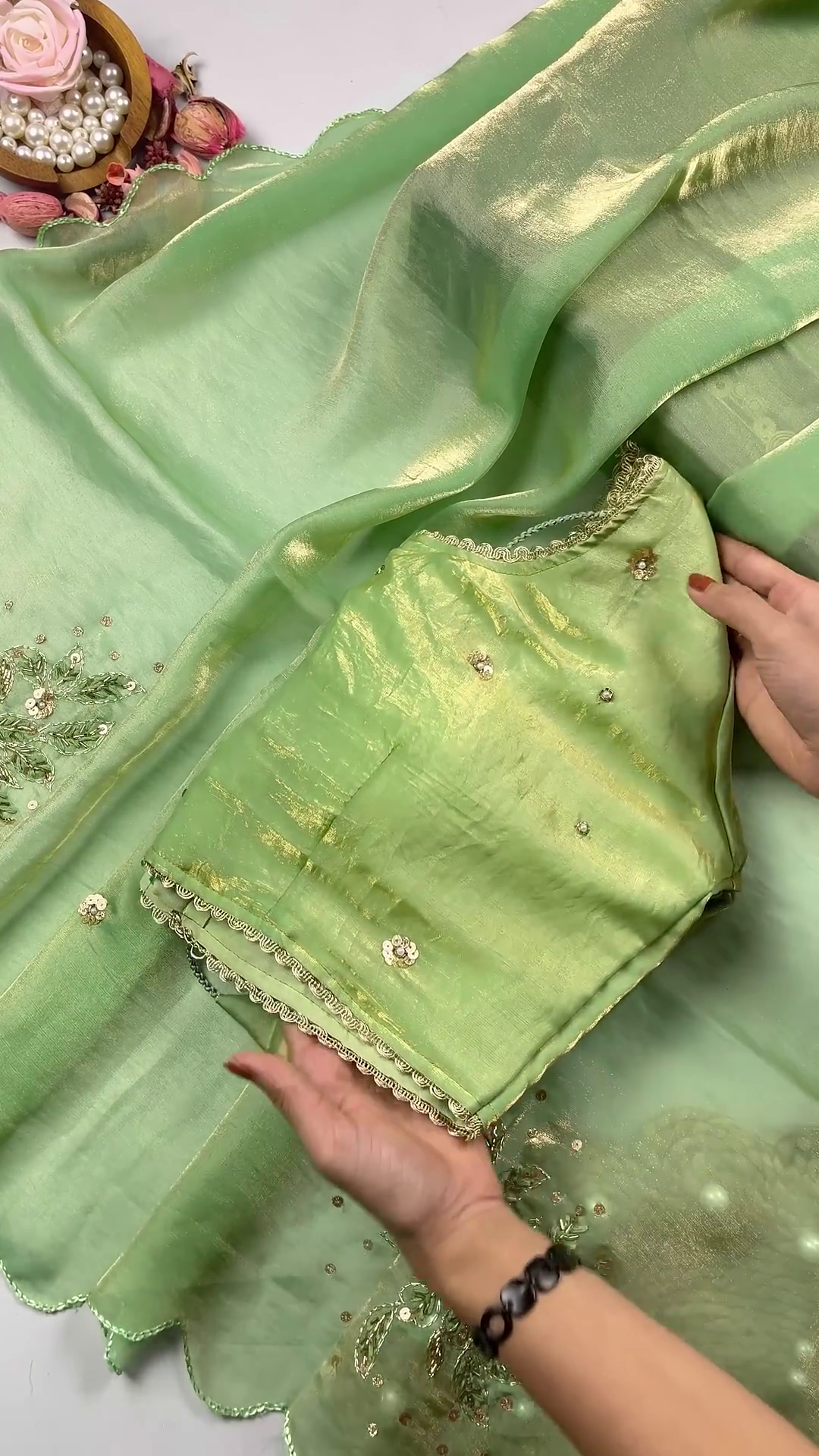 Mint Green Shimmer Silk Saree with Scalloped Zari and Sequin Accents - Image 2