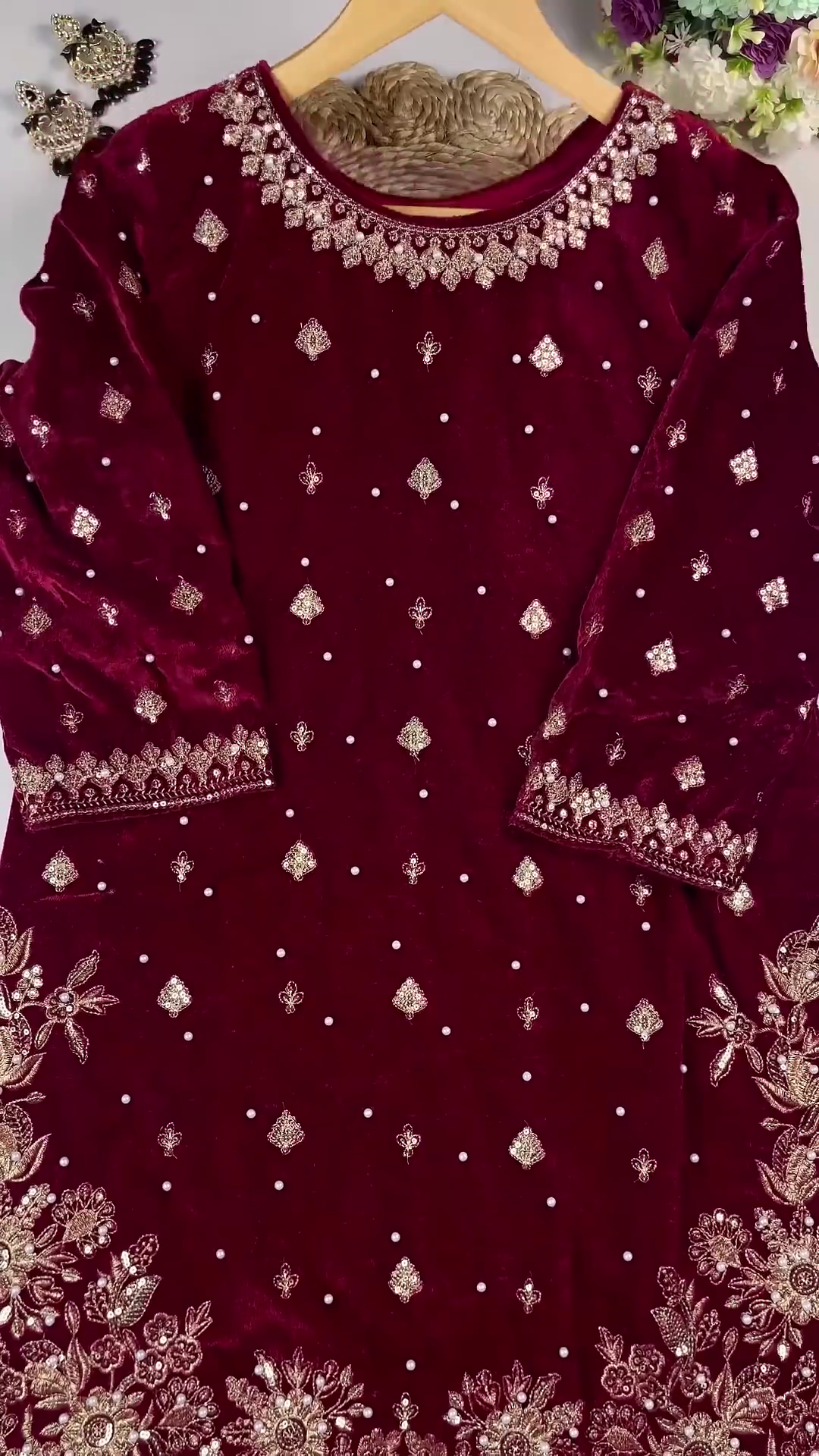 Regal Ruby Velvet Anarkali with Golden Floral Zari and Sequin Embroidery - Image 3