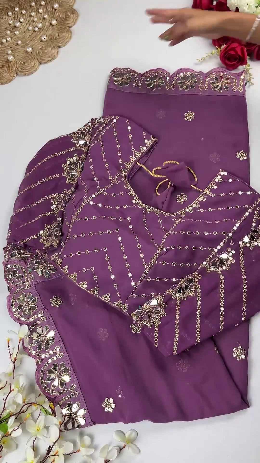 Crimson Silk-Blend Blouse with Floral Zari Jaal and Pearl Droplets - Image 2