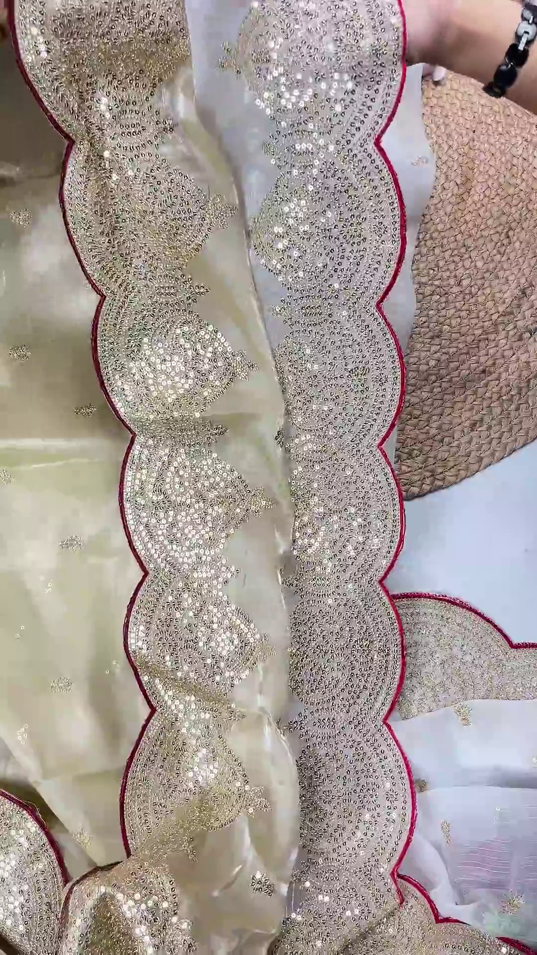 Ivory Shimmer Organza Saree with Scalloped Sequin Borders - Image 2