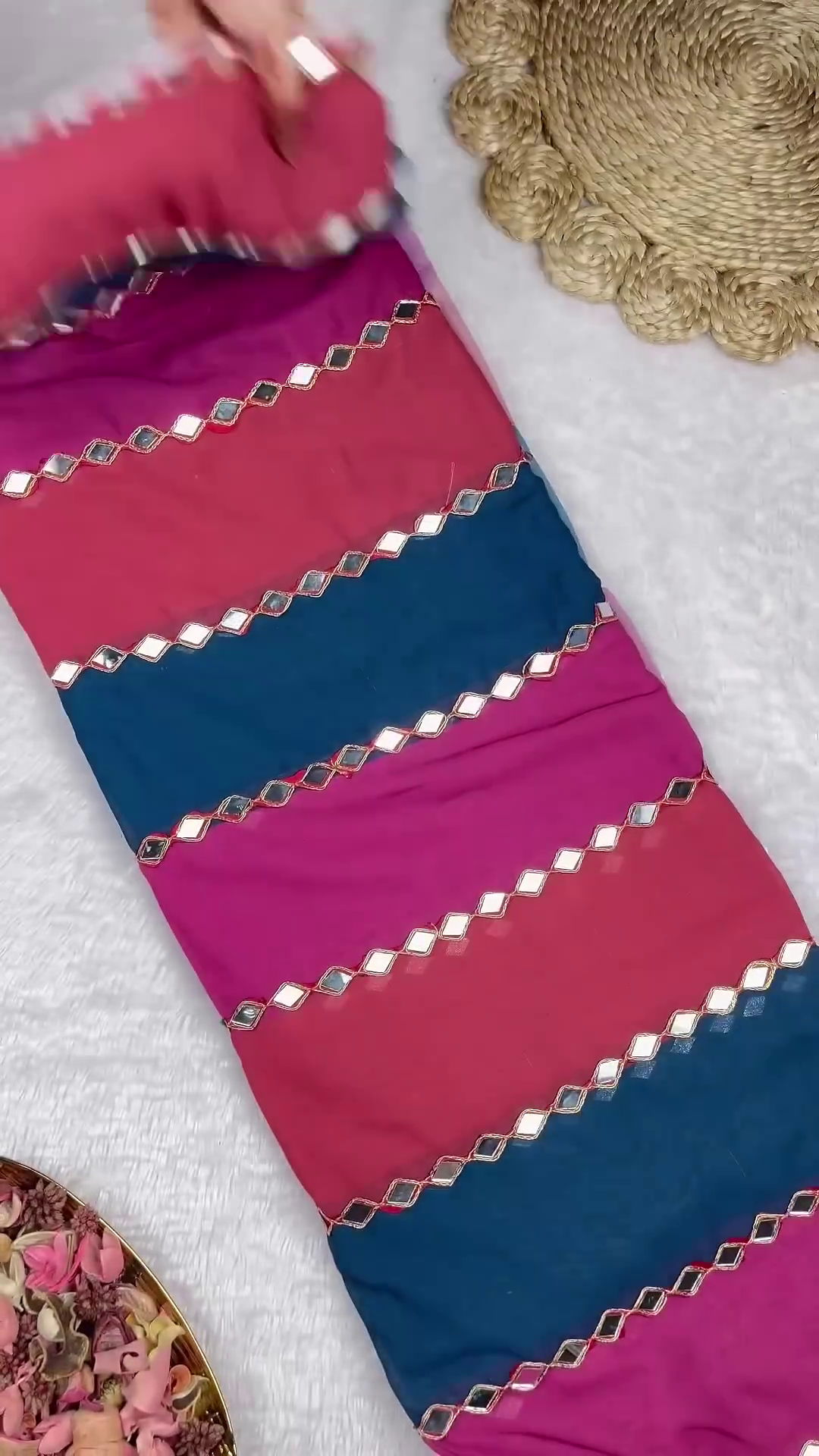 Teal Silk-Blend Blouse with Diamond Mirror-Work Neckline - Image 4