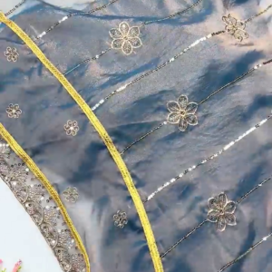 Celestial Blue Shimmer Gown with Scalloped Neckline and Fluid Drapery