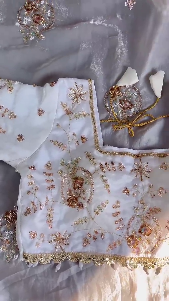 Ivory Organza Blouse with Hand-Embroidered Floral Vines and Pearl Droplets - Image 5