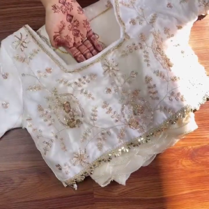 Ivory Organza Blouse with Hand-Embroidered Floral Vines and Pearl Droplets