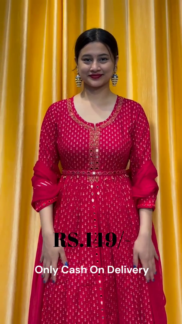 Crimson Polka-Dot Anarkali Gown with Embroidered Cinched Waist - Image 2