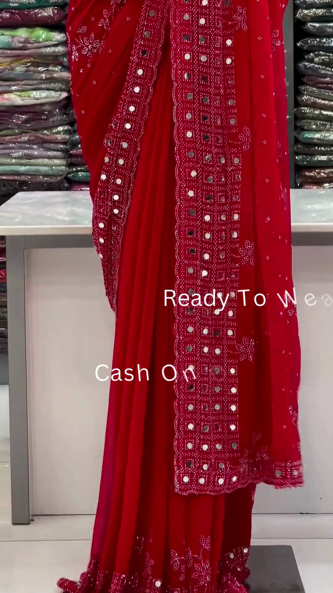 Crimson Radiance: Embroidered Mirror-Work Saree